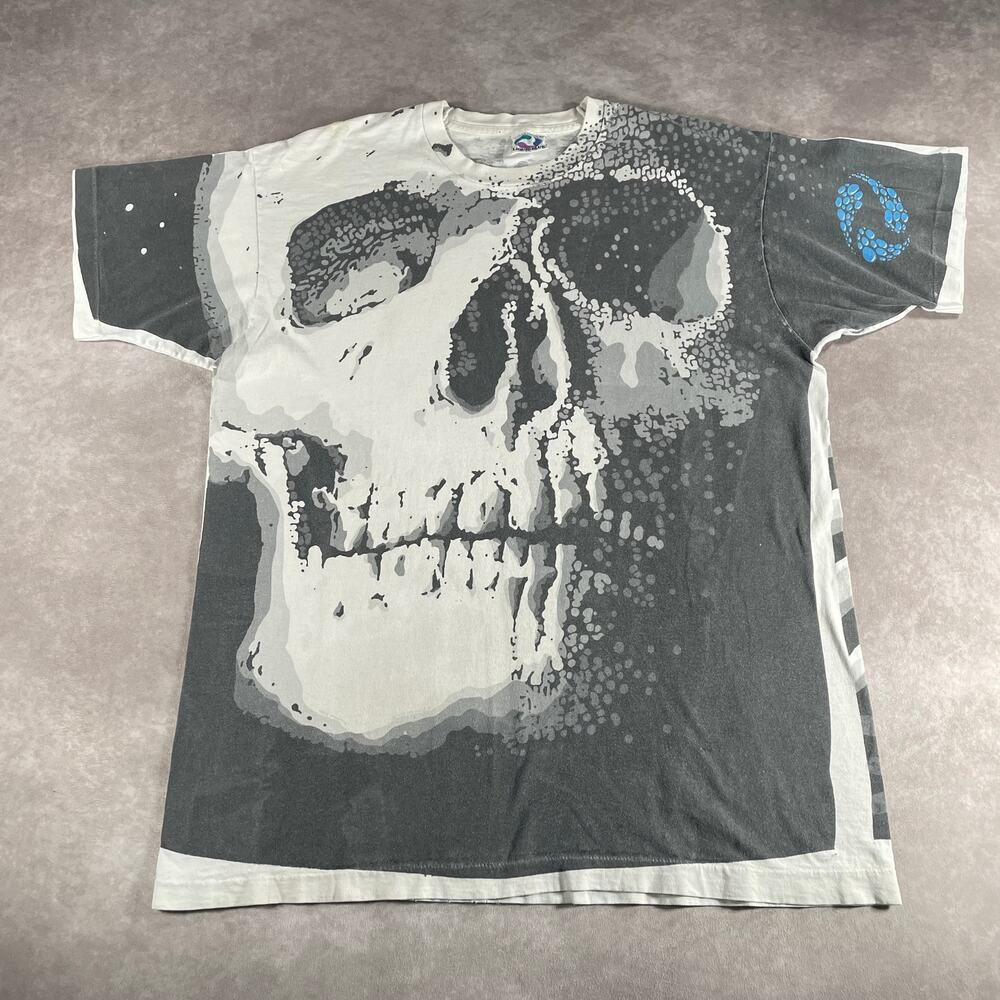1992 VTG Skull Skeleton All Over Chris Pinkerton Liquid Blue T-Shirt Size XL
